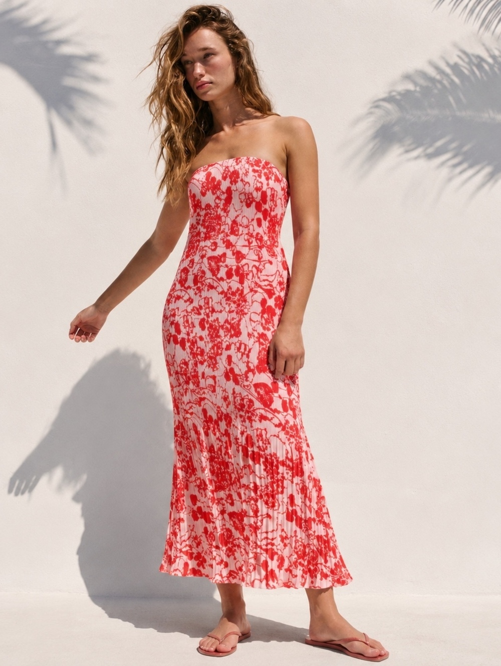 Abercrombie & Fitch Strapless Floral Pleated Maxi Dress Red White MP